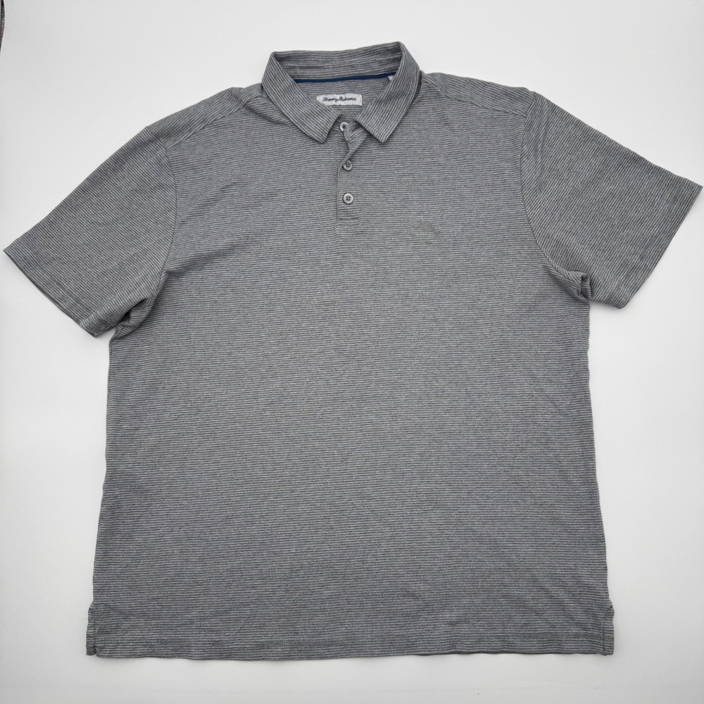 Tommy Bahama Mens Large Grey Striped Cotton Short Sleeve Polo Shirt Marlin Logo